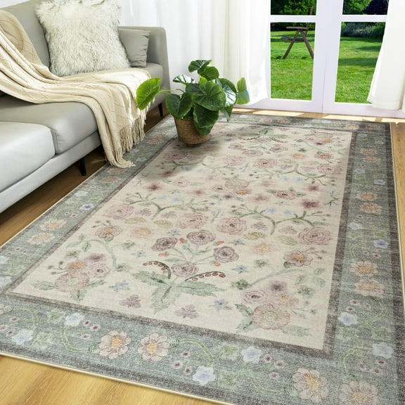 Wondo Washable Area Rug 5x8 - Traditional Floral Living Room Rug Stain Resistant Soft Bedroom Rug, For Under Table Living Room Indoor Rug, Pink