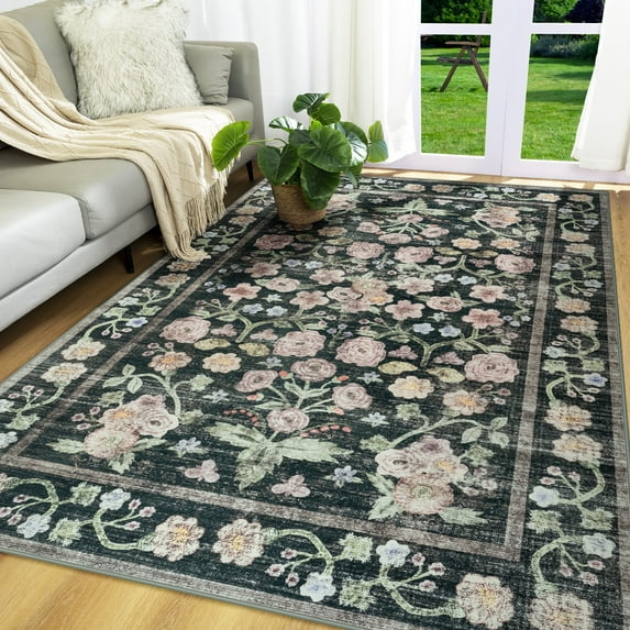 Wondo Washable Area Rug 6x9 - Traditional Floral Living Room Rug Stain Resistant Soft Bedroom Rug, For Under Table Living Room Indoor Rug, Black