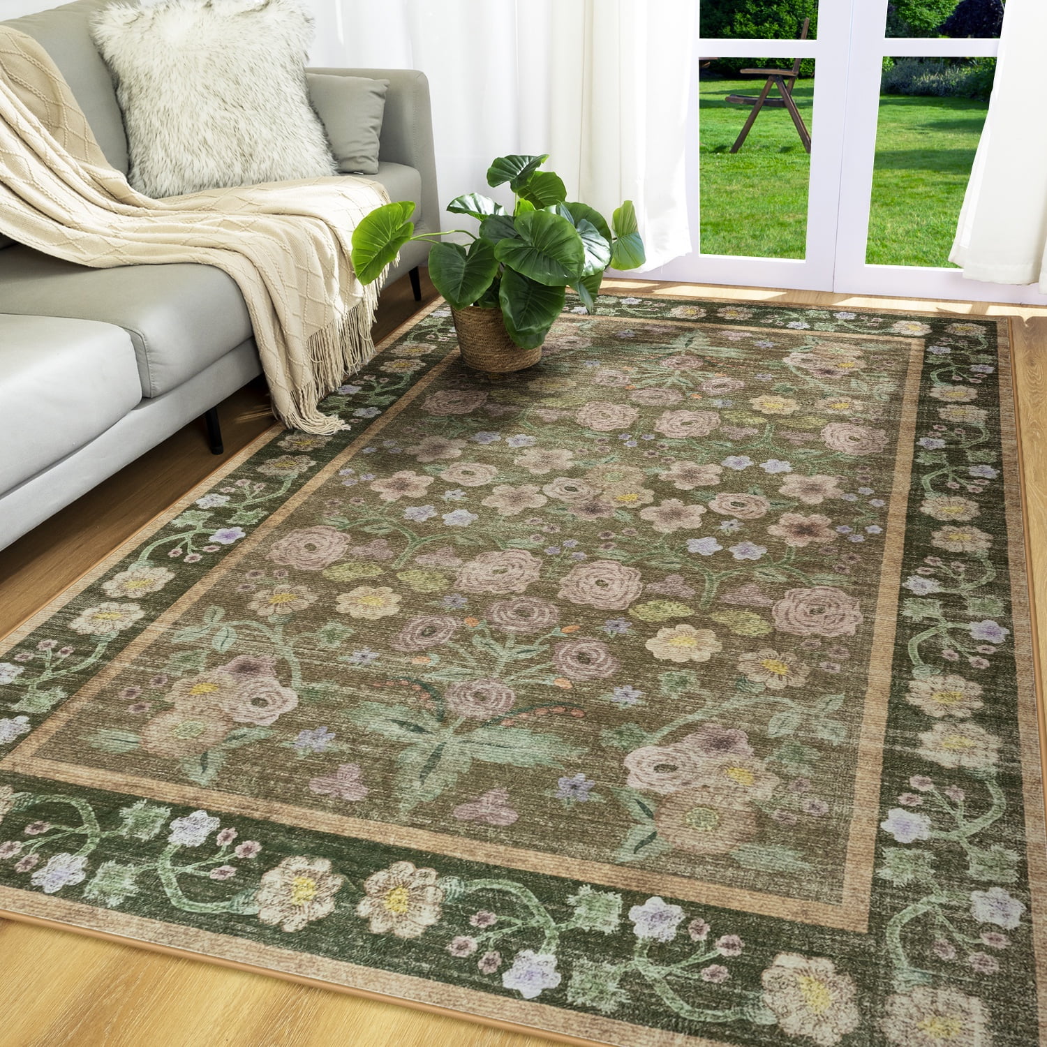 Wondo Washable Area Rug 6x9 - Traditional Floral Living Room Rug Stain Resistant Soft Bedroom Rug, For Under Table Living Room Indoor Rug, Coffee