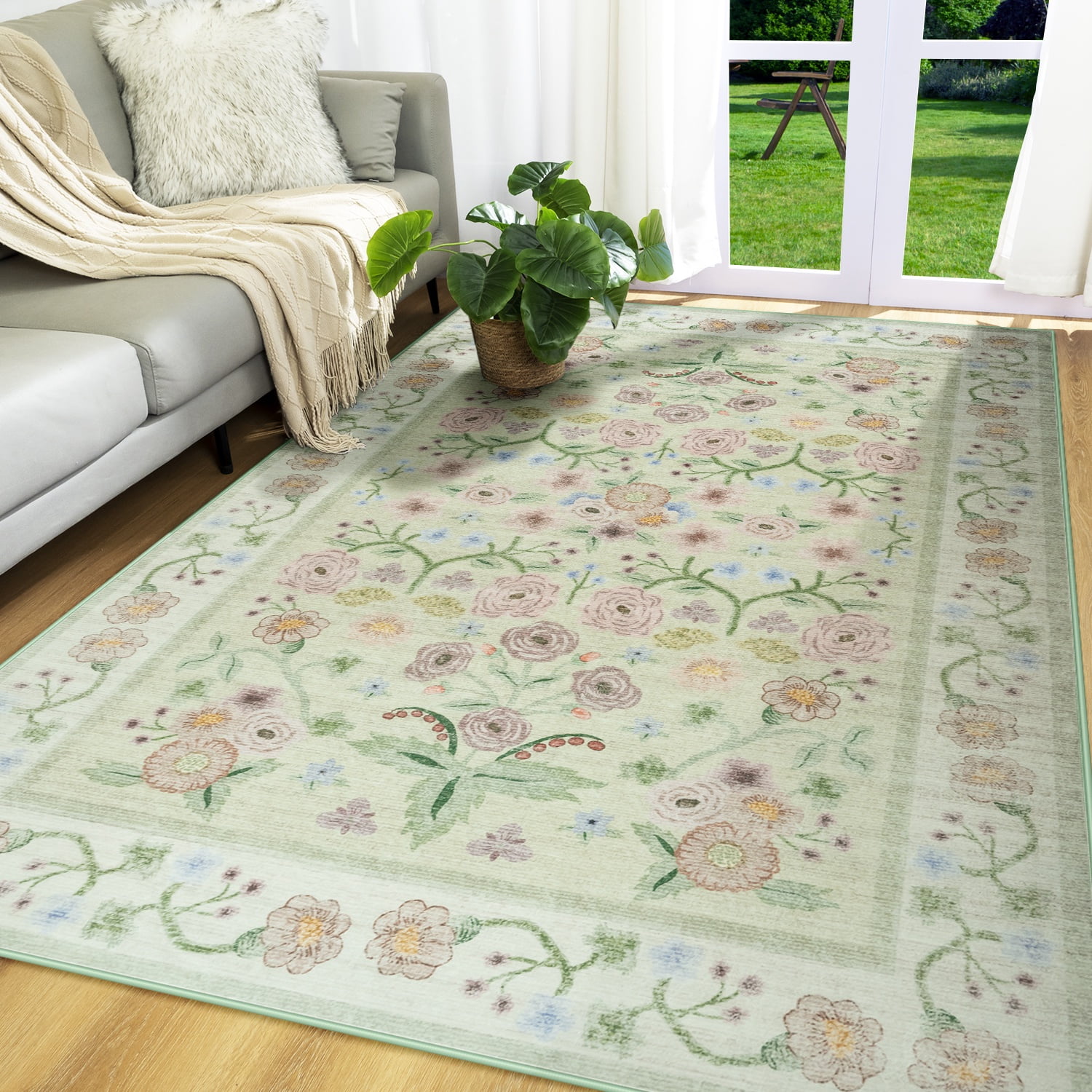 Wondo Washable Area Rug 6x9 - Traditional Floral Living Room Rug Stain Resistant Soft Bedroom Rug, For Under Table Living Room Indoor Rug, Green