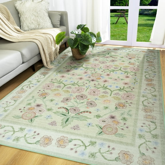 Wondo Washable Area Rug 6x9 - Traditional Floral Living Room Rug Stain Resistant Soft Bedroom Rug, For Under Table Living Room Indoor Rug, Green