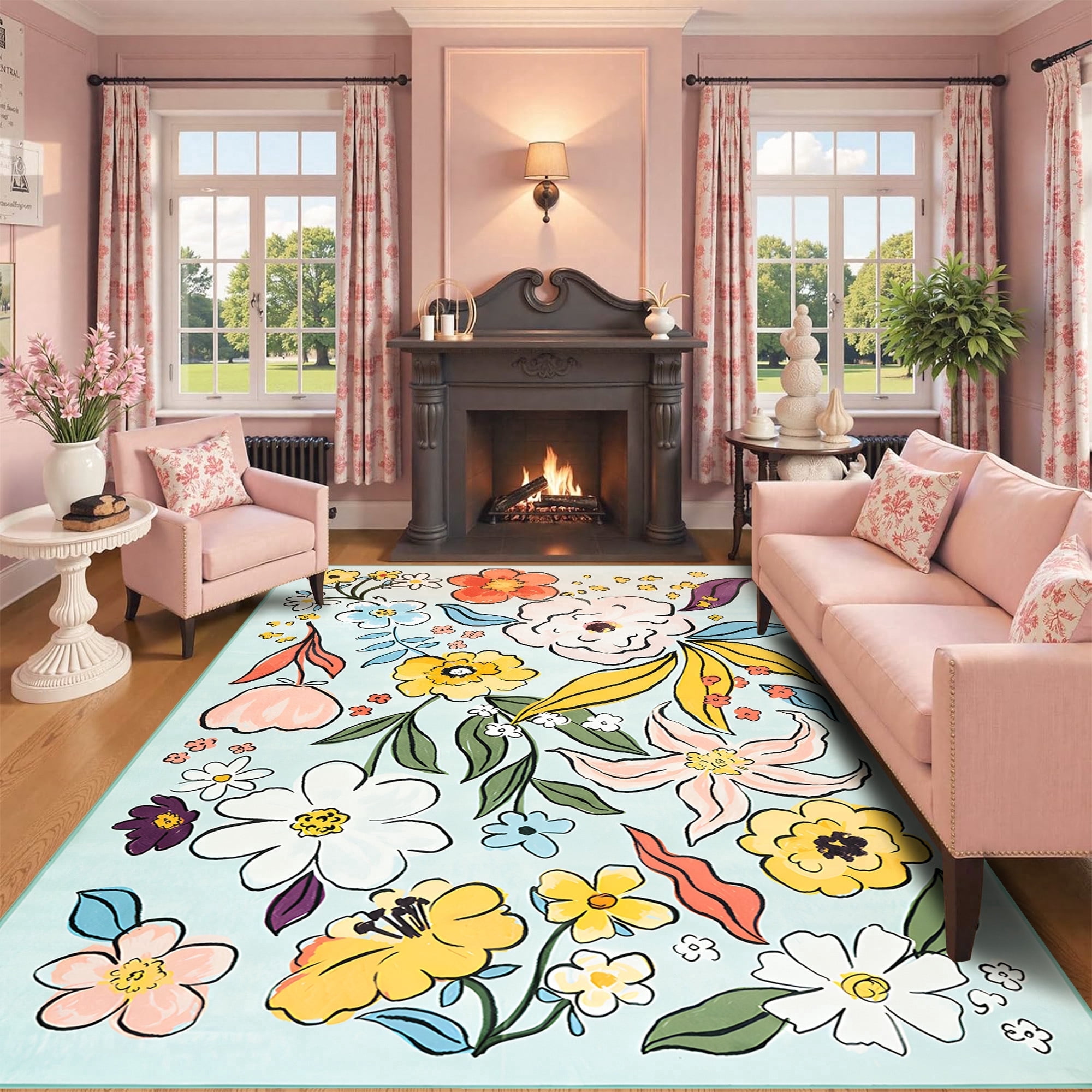 Wondo Washable Non-Slip 4x6 Floral Area Rug - Soft Green Low Pile Floor Carpet with Botanical Big Flower Design for Girls Bedroom, Living Room, Dining Room, Kids Classroom Office