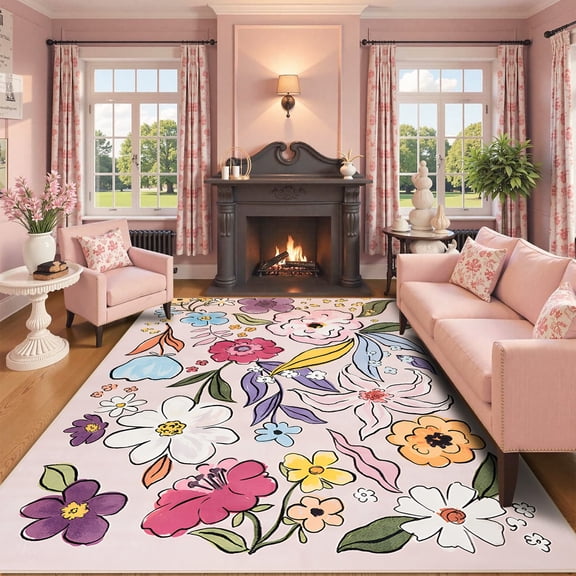Wondo Washable Non-Slip 4x6 Floral Area Rug - Soft Pink Low Pile Floor Carpet with Botanical Big Flower Design for Girls Bedroom, Living Room, Dining Room, Kids Classroom Office