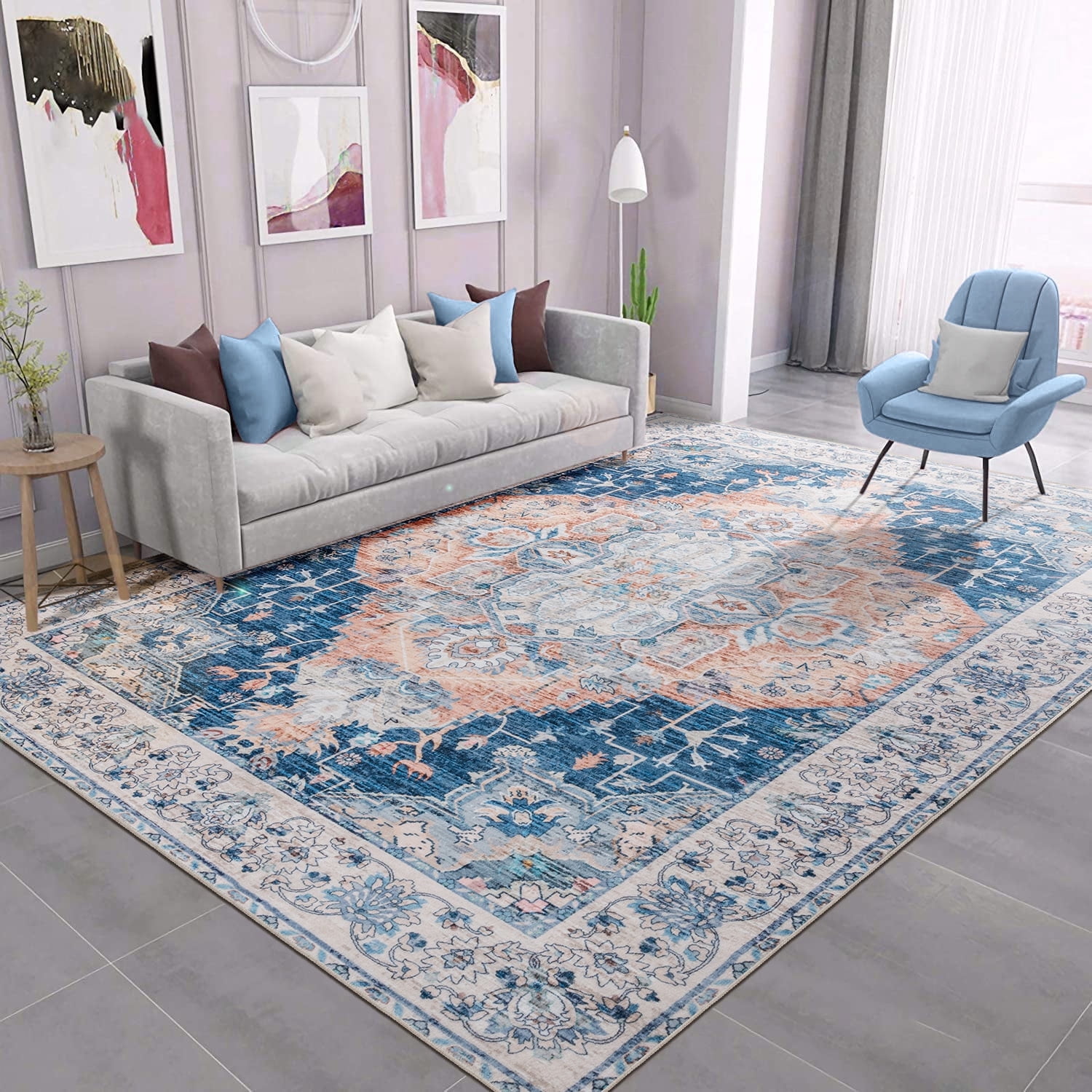 Wondo Washable Rugs Vintage Area Rug Rug for Living Room, Bedroom, Kids Room, 4' x 6', Deep Blue