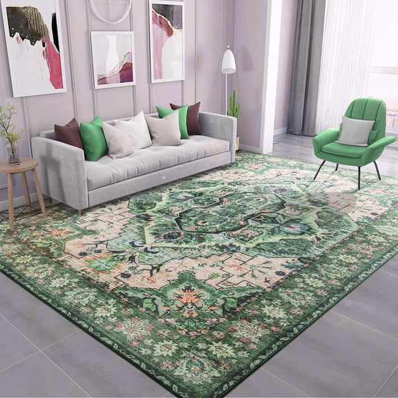 Wondo Washable Rugs Vintage Area Rug Rug for Living Room, Bedroom, Kids Room, 4' x 6', Green