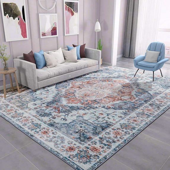 Wondo Washable Rugs Vintage Area Rug Rug for Living Room, Bedroom, Kids Room, 5' x 8', Light Blue