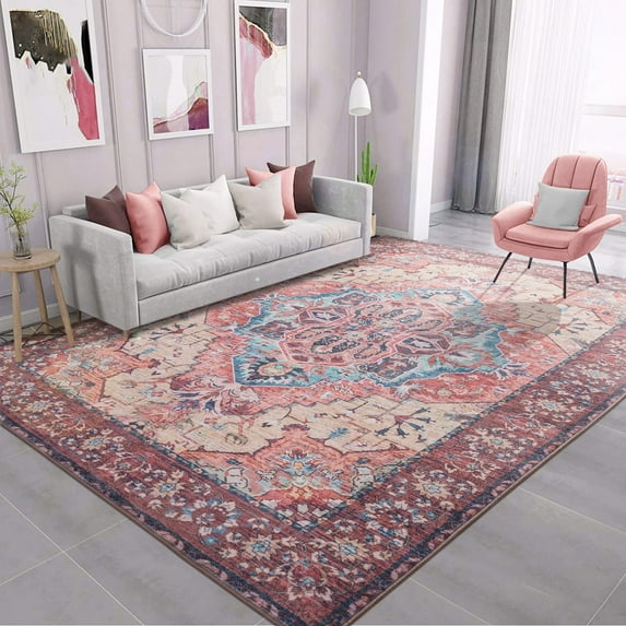 Wondo Washable Rugs Vintage Area Rug Rug for Living Room, Bedroom, Kids Room, 5' x 8', Red