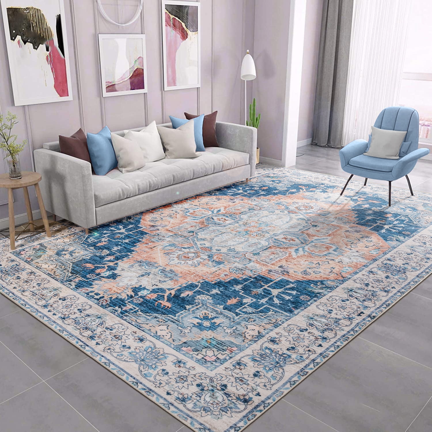 Wondo Washable Rugs Vintage Area Rug Rug for Living Room, Bedroom, Kids Room, 6' x 9', Deep Blue