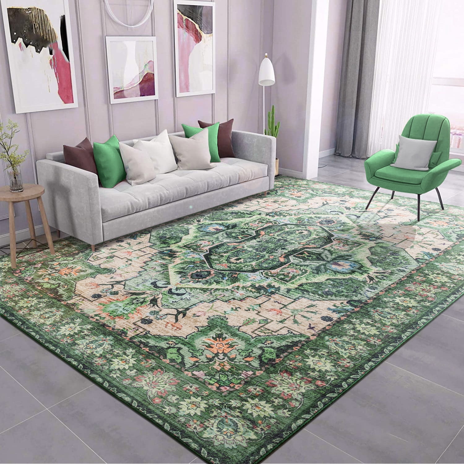Wondo Washable Rugs Vintage Area Rug Rug for Living Room, Bedroom, Kids Room, 6' x 9', Green