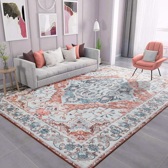 Wondo Washable Rugs Vintage Area Rug Rug for Living Room, Bedroom, Kids Room, 6' x 9', Light Orange