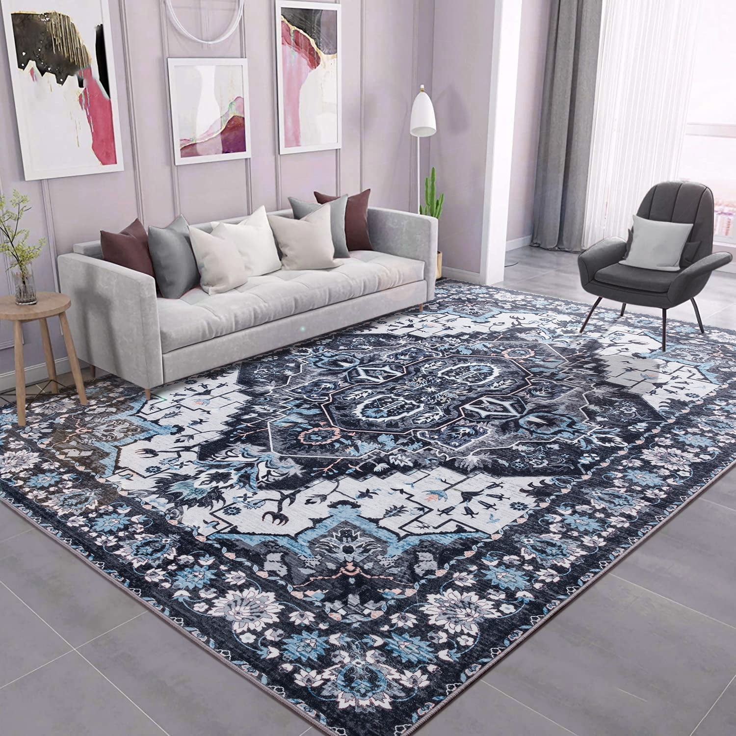 Wondo Washable Rugs Vintage Area Rug Rug for Living Room, Bedroom, Kids Room, 9' x 12', Black