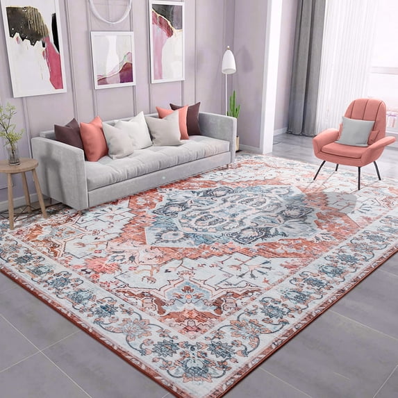 Wondo Washable Rugs Vintage Area Rug Rug for Living Room, Bedroom, Kids Room, 9' x 12', Light Orange