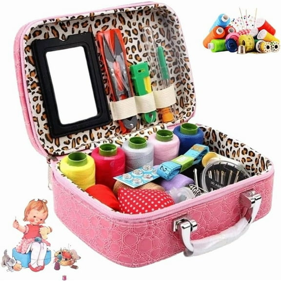 Wondolla Sewing Kit, Big Eye Steel Sewing Needles Kit, Portable Sewing Kit in Faux Leather Case Sewing Needles Supplies Travel Essentials Needle Point Set Adults Beginner Embroidery(Pink)