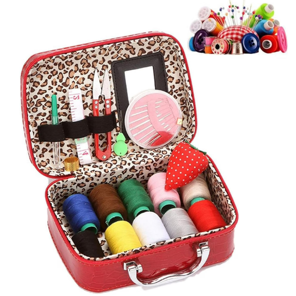 Wondolla Sewing Kit, Portable Sewing Kit in Faux Leather Case, Big Eye Steel Sewing Needles Kit, Complete Travel with Scissors Needles Thread & Accessories for Travel and Home (Red-LI)