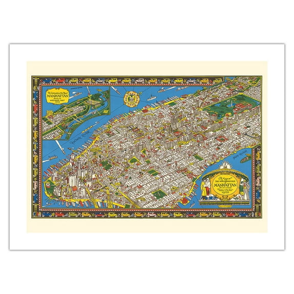 Wondrous Isle of Manhattan New York - Vintage Pictorial Map by Charles Vernon Farrow c.1929 - Bamboo Fine Art 290gsm Paper (Unframed) 12x16in