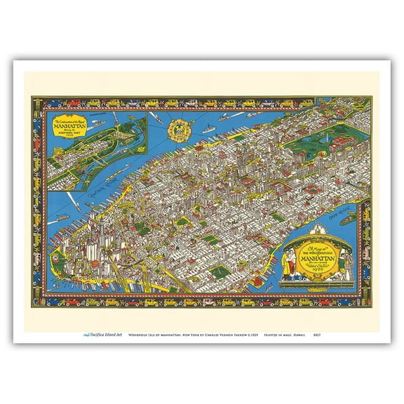 Wondrous Isle of Manhattan New York - Vintage Pictorial Map by Charles Vernon Farrow c.1929 - Master Art Print (Unframed) 9in x 12in