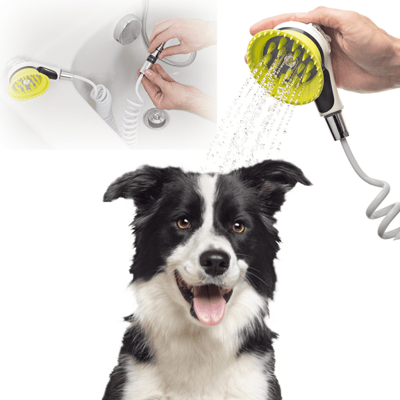 Wondurdog Pet Wash Attachment for Handheld Showers with Splash Guard Handle, Rubber Grooming Teeth and Garden Hose Attachment. Designed for Handheld Showers.