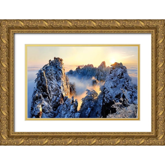 Wong, Adam 14x11 Gold Ornate Wood Framed with Double Matting Museum Art Print Titled - Sunrise At Mt. Huang Shan