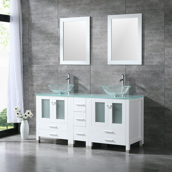 Wonine White 60" Bathroom Vanity Cabinet w/ Modern Double Glass Vessel Sink Combo New