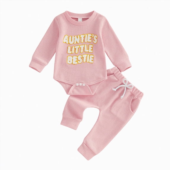 Wonitaaizi Aunties Bestie Baby Clothes Gender Neutral Baby Boy Girl Waffle Sweatshirt Bodysuit Romper Pant Fall Outfit(6-12 Months,Pink)