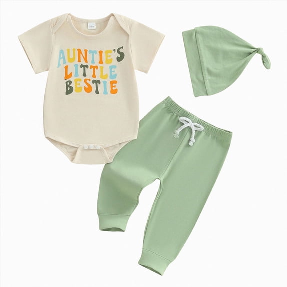 Wonitaaizi Aunties Bestie Baby Clothes Gender Neutral Unisex Funny Letter Bodysuit Romper Solid Leggings Pants Hat 3Pcs Outfits(0-3 Months,Green)