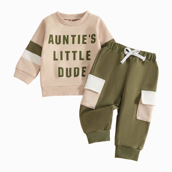 Wonitaaizi Aunties Little Dude Baby Outfit Toddler Boy Long Sleeve Letter Top and Pants Set Infant Fall Winter Clothes (0-6 Months,Army Green)