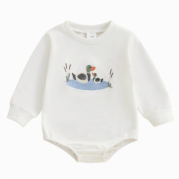 Wonitaaizi Baby Boy Clothes Bubble Romper Mallard Duck Long Sleeve Sweatshirt Bodysuit Fall Winter Romper (6-12 Months,White)