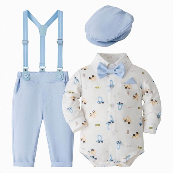 Wonitaaizi Baby Boy Clothes Set Gentleman Wedding Outfits Romper Hat Suspenders Bowtie Suits 3PC(12M,Light Blue)