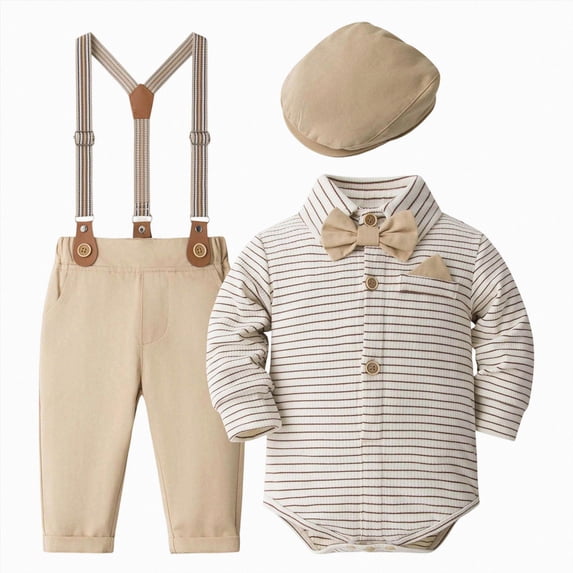 Wonitaaizi Baby Boy Clothes Set Gentleman Wedding Outfits Romper Hat Suspenders Bowtie Suits 3PC(18M,Khaki)