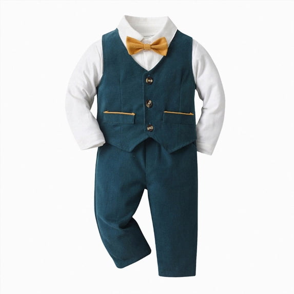 Wonitaaizi Baby Boy Clothes Suits Infant Gentleman Wedding Outfit Formal Dress Shirt Vest Bowtie Pants 4Pcs Baby Suit Sets (6-9 Months,Blue)