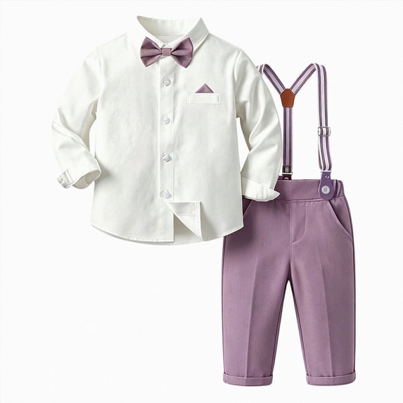 Wonitaaizi Baby Boy Clothes Suits Toddler Dress Shirt with Bowtie Suspender Pants Outfit Sets Gentleman Wedding 2PC (12-18 Months,Light Purple)