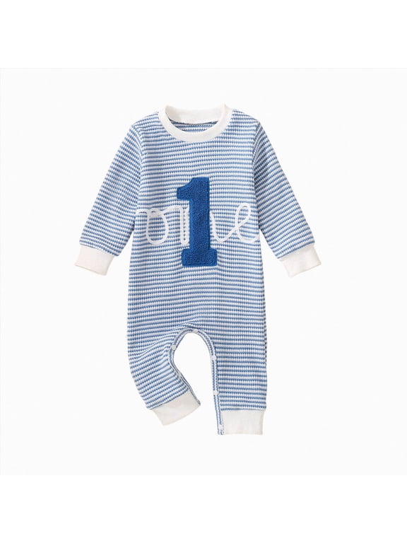 Baby Boy Girl 1st Birthday Outfit One Romper Jumpsuit First Birthday Cake Smash Outfit(12-18 Months,Blue)
