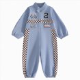 thumbnail image 1 of Wonitaaizi Baby Boy Girl Race Car Outfit Number Checkered Mandarin Collar Long Sleeve Zipper Romper 1 One Piece Jumpsuit(6-9 Months,Blue), 1 of 6