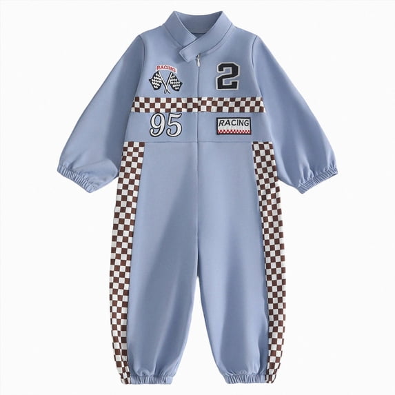Wonitaaizi Baby Boy Girl Race Car Outfit Number Checkered Mandarin Collar Long Sleeve Zipper Romper 1 One Piece Jumpsuit(6-9 Months,Blue)