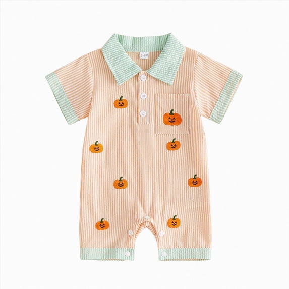 Wonitaaizi Baby Boy Pumpkin Romper Short Sleeve Babydoll Collar Gingham Jumpsuit Halloween Clothes (6-12 Months,Orange)