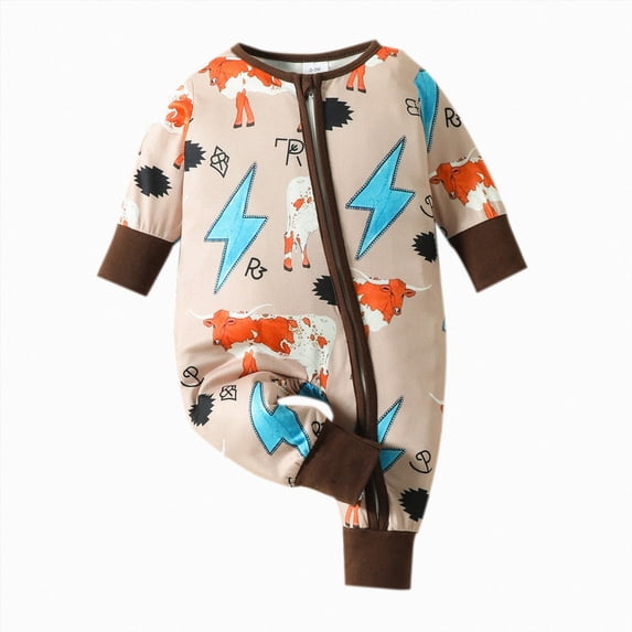 Wonitaaizi Baby Cowboy Clothes Neutral Zipped Fall Romper Outfit for Boy Girl Infant Lapel Cow Print One-piece Jumpsuit(0-3 Months,Brown)