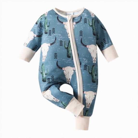 Wonitaaizi Baby Cowboy Clothes Neutral Zipped Fall Romper Outfit for Boy Girl Infant Lapel Cow Print One-piece Jumpsuit(6-12 Months,Beige)