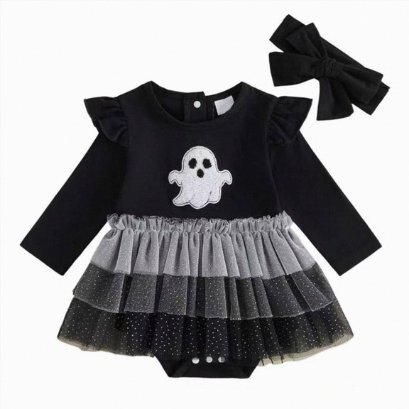 Wonitaaizi Baby Girl Halloween Romper Pumpkin Princess Tulle Dresses Headband Set (0-3 Months,Black)