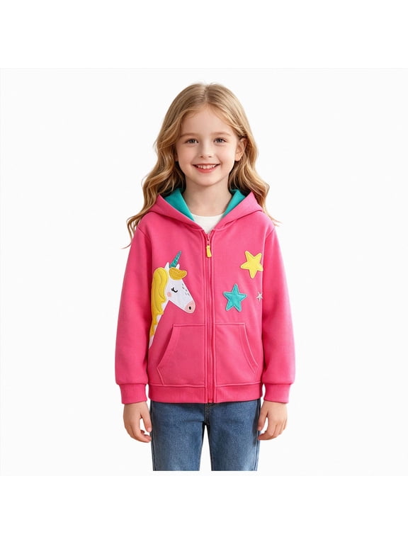Baby Girl Zip-up Jacket Rainbow Unicorn Hoodie Sweatshirt Toddler Fall Coat Kids Winter Outfits Outerwear (4-5 Years,Hot Pink)