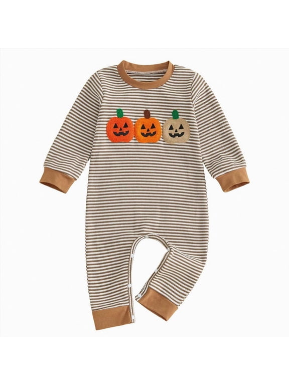 Baby Halloween Outfit Newborn Boy Pumpkin Jumpsuit Long Sleeve Fall Winter Clothes(3-6 Months,Brown)