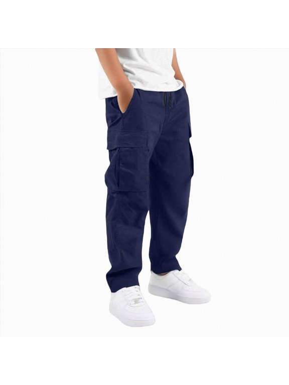 Boys Cargo Pants Kids Stretch Pants Youth Elastic Waist Casual Jogger Slacks Combat Trousers Navy for Size 15-16 Years