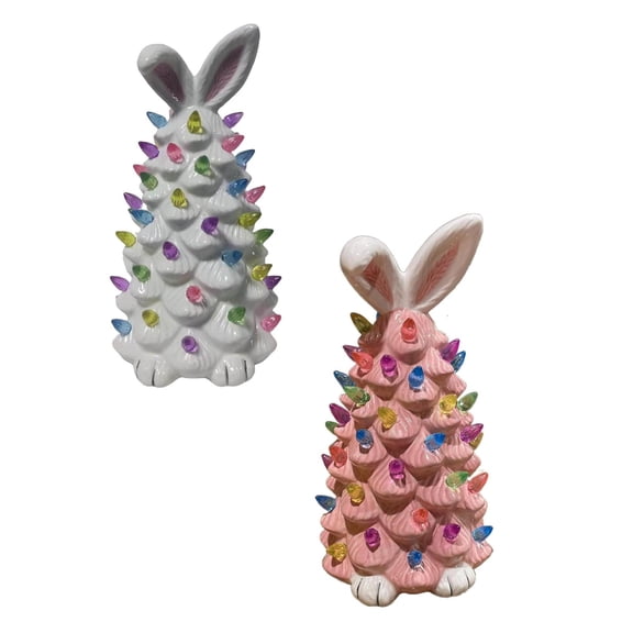 Wonitaaizi Easter Bunny Ceramic Tree,Light Up Ceramic Bunny Tree with Colorful Lights and Bunny Ears,Decorative Tabletop Easter Ornament for Easter Holiday Decor Gifts(2PCS)