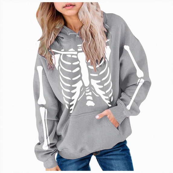 Wonitaaizi Girl Kids Halloween Hoodie with Pocket Skeleton Print Funny Pullover Oversized Sweatshirt for Girl (11-12 Years,Grey)