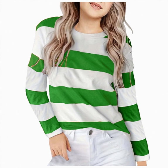 Wonitaaizi Girl's Long Sleeve T-Shirts Striped Classic Crewneck Tee Kids Stripes Shirt Everyday Basic Top (12-13 Years,Green)