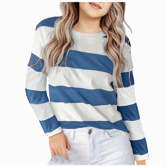 Wonitaaizi Girl's Long Sleeve T-Shirts Striped Classic Crewneck Tee Kids Stripes Shirt Everyday Basic Top (4-5 Years,Navy)