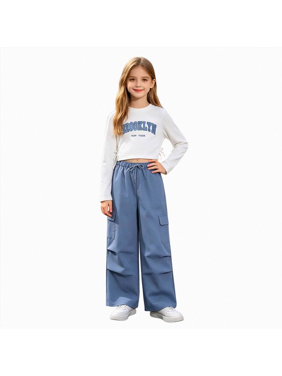 Girl's Spring Fall 2 Piece Outfits Long Sleeve Tops and Pants Hip Hop Dance Set (7-8 Years,Light Blue)