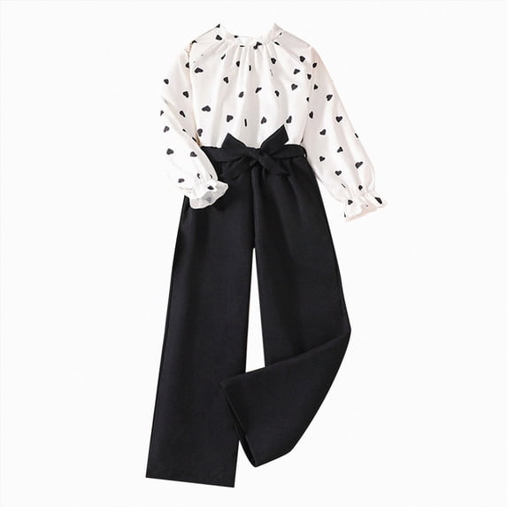 Wonitaaizi Girls 2 Piece Outfit Ruffle Long Sleeve Blouse and High Cropped Paper Pants with Bow Belt Fall Set (11-12 Years,White)