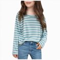 thumbnail image 1 of Wonitaaizi Girls Casual Long Sleeve T Shirts Basic Crewneck Striped Tunic Blouses Tops (9-10 Years,Green), 1 of 5