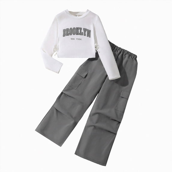 Wonitaaizi Girls Clothes 2 Piece Outfit Ribbed T-Shirt Top + Cargo Pants, Girls Fall Clothing Set(11-12 Years,Grey)