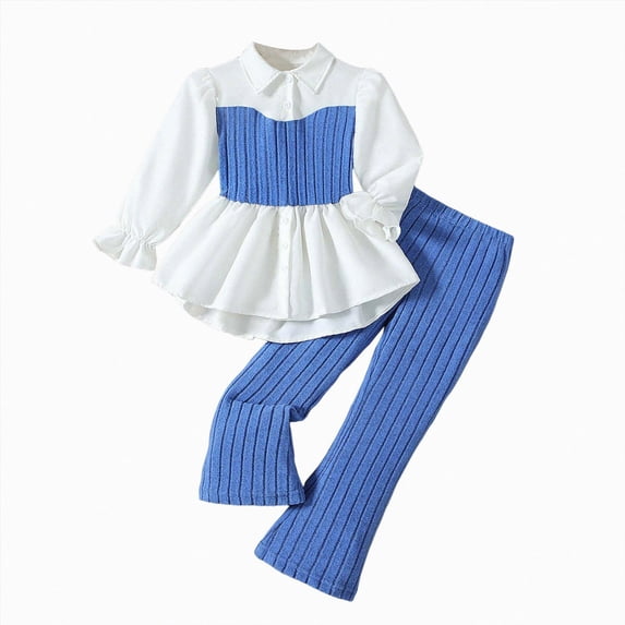 Wonitaaizi Girls Clothes Long Sleeve Ruffle Bow Top and Flare Pants 2Pcs Fall Winter Outfits Teen Girls Clothing Set (7-8 Years,Blue)
